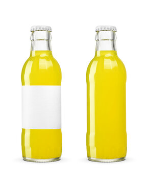 Clear glass bottle with yellow soda soft drink isolated. Transparent PNG image.