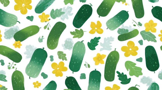 Repeating pattern features vibrant green vegetables interspersed with bright yellow blossoms and foliage elements