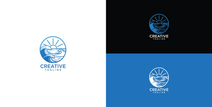 Stylized circular vector logo design featuring a serene sun rising over gentle ocean waves, ideal for travel, environmental, or aquatic-themed businesses and brands seeking a refreshing identity