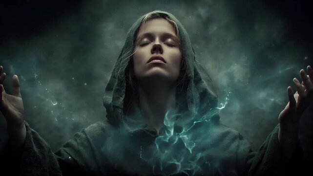 Fantasy wallpaper. A dramatic portrayal of a woman in a hooded cloak, her eyes closed and hands outstretched, appearing to be in a state of deep contemplation.