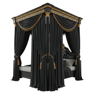 Ornate black four poster bed with gold trim isolated on a transparent background