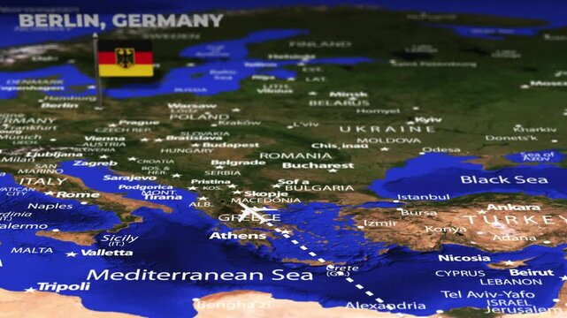 Flight From Asmara ERITREA to Berlin GERMANY with flag pins