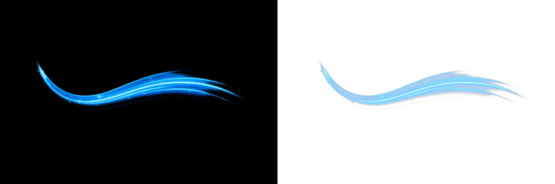 Blue wind waves effect. Abstract light motion trails with sparkles isolated on black background. Light blue Twirl. Curve light effect of blue line. Luminous blue circle.	
