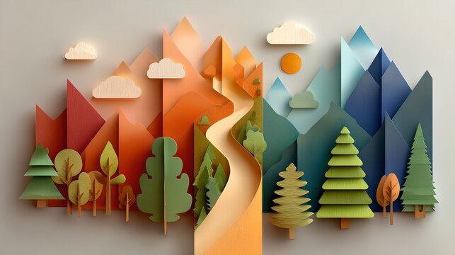 A vibrant papercraft scene depicting a whimsical mountain landscape with rolling hills, trees, and fluffy clouds. The colorful composition evokes a sense of adventure and nature