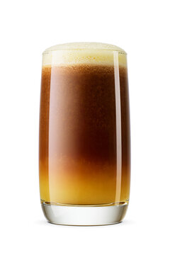 Layered bumble coffee beverage with orange juice and syrup isolated. Transparent PNG image.