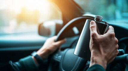Naklejka premium Driver holding a hip flask with alcohol, steering a car. Concept of dangerous impaired driving and irresponsible behavior