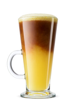 Layered bumble coffee beverage in glass mug with orange juice and syrup isolated. Transparent PNG image.