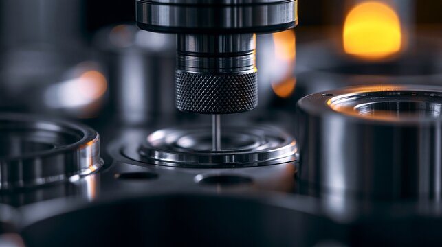Closeup on precision surface roughness tester measuring metallic engine parts highlighting advanced metrology techniques in manufacturing quality assurance.