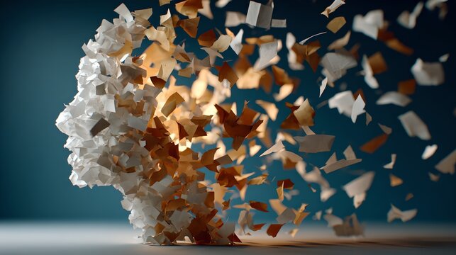 Abstract human head profile dissolving into fragmented pieces, symbolizing loss, memory, or a fractured mind