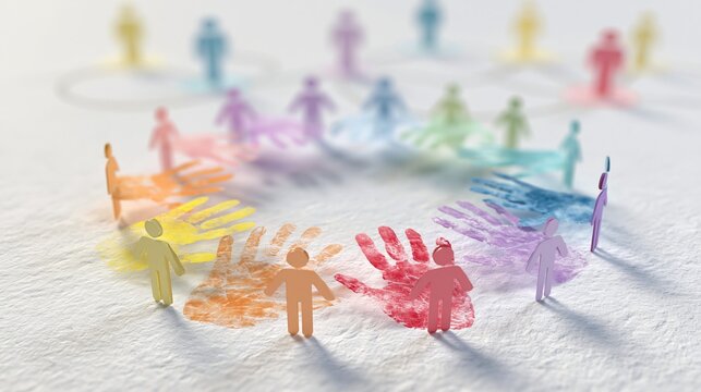 Medium shot of a restorative justice circle with vibrant overlapping handprints in soft pastel tones linked human icons softly blurred in background on an offwhite textured