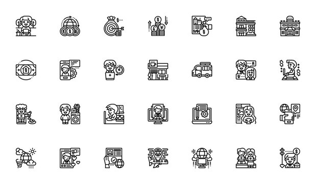 Digital Nomad icon set. Minimalist icons pack. Featuring digital nomad, freelance, money exchange, saving, apartment, work, coffee shop, travel, internet and more. Editable vector stroke.