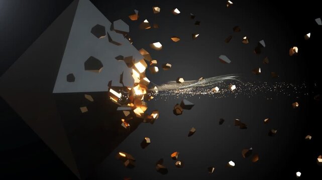 Cube bursts forth with particles, shatter into fragments and golden trailing light that ripple and undulate like waves, with flowing energy particle lines, data transmission, abstract background. 3D.
