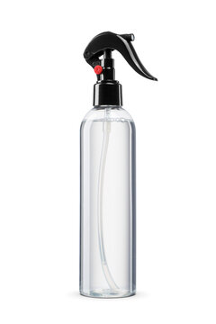 Clear plastic mist spray bottle with black trigger isolated. Transparent PNG image.