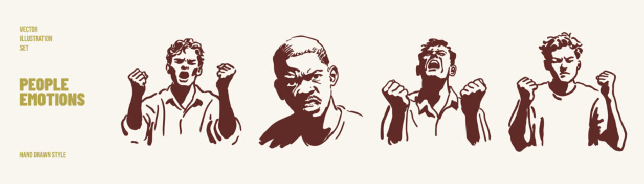 Angry men emotion sketch illustration collection set. Illustrations for conflict concepts and emotional awareness content. Hand drawn pencil style with dramatic facial expressions.