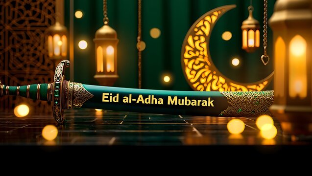 Eid al-adha celebration with traditional scimitar and lanterns