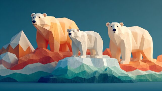 A stylized low-polygon illustration of three polar bears standing on ice floes in a cool blue environment, featuring abstract mountain shapes. The bears are depicted in warm and cool tones.