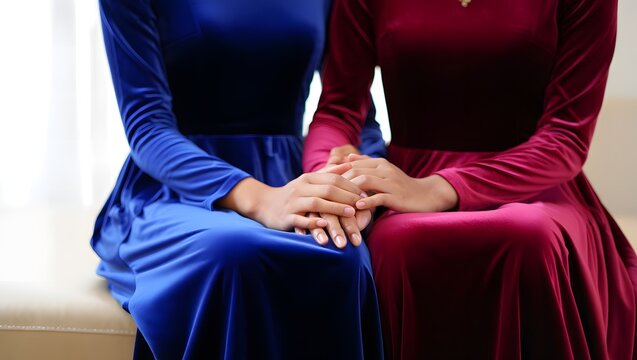 Elegant Women in Colorful Dresses Posing Together in Soft Light