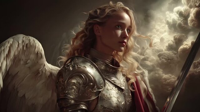 Fantasy wallpaper. A detailed digital artwork depicts an angelic figure in a side profile. The angel has long, wavy blonde hair and wears ornate silver armor with intricate patterns and designs.