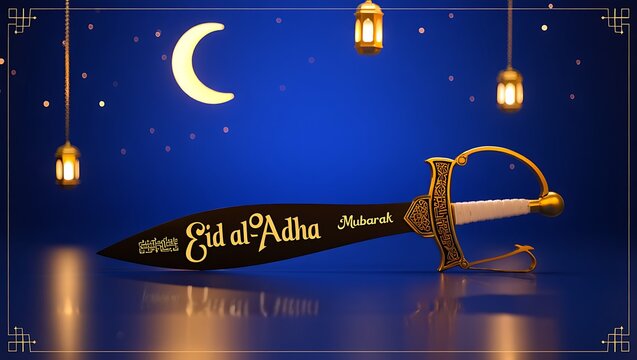 Eid al-adha celebration with scimitar and lanterns