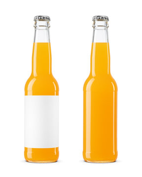 Two glass bottles filled with orange soda, one featuring a customizable blank label isolated. Transparent PNG image.
