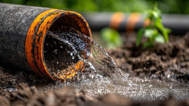 Water flowing from a broken pipe onto fresh soil in an outdoor garden setting surrounded by lush green plants