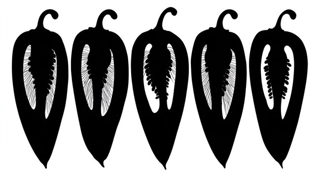 Row of five black and white illustrations depicting the longitudinal cross section of a conical vegetable
