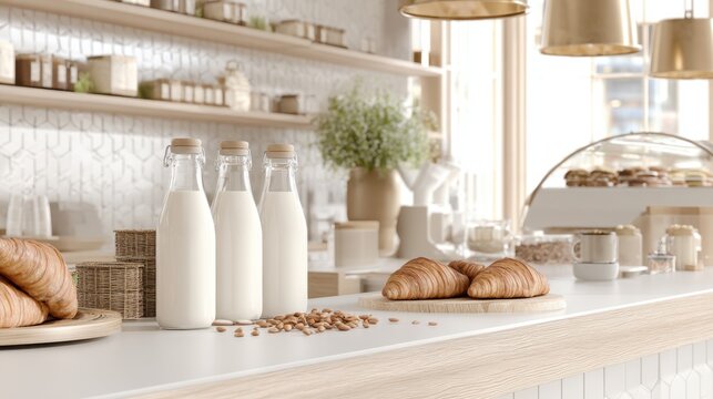 Three glass milk bottles with croissants on bakery counter in bright modern cafe interior for menu layout poster and background