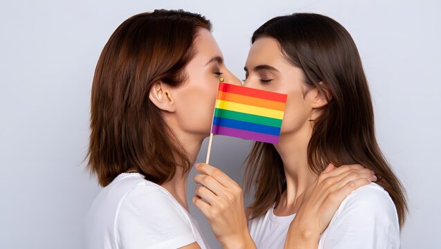 Romantic Moment Between Two Women Holding Rainbow Flag Together