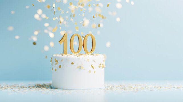White cake celebrating 100 milestone with falling gold confetti on pastel blue background for anniversary or birthday