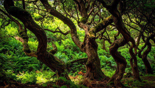 Ancient gnarled forest trees with twisting branches and lush green foliage creating a mystical woodland scene