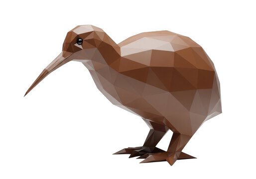 A low-poly, geometric 3 d model of a brown kiwi bird standing in profile against a solid black background, rendered with triangular facets