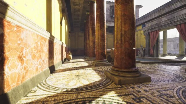 Golden gallery bathed in warm light, ornate column bases and mosaic rosette on floor, distant archways opening to openair courtyard, elegant historic atmosphere
