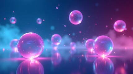 Naklejka premium Glowing spheres floating in neon light image
