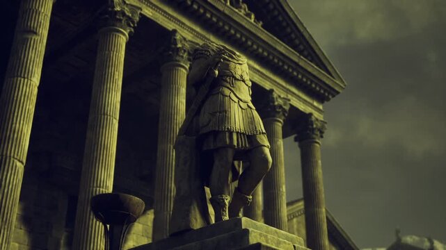 Sunlit Antioch colonnade framing imperial statue. Warm light highlights marble surfaces, deep fluting on columns, long perspective toward forum atmosphere