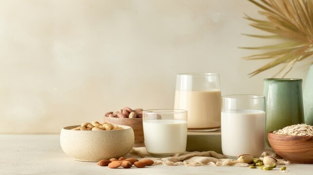 Plant based and nut milk assortment with oats, nuts and seeds for healthy breakfast background and packaging design for banners and food layouts