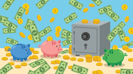 Piggy banks and safe with money. © Abhinaya Project