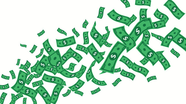 Green dollar bills flying through air.