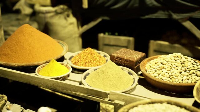 Gourmet spice selection on wooden tray, neat cones and bowls of turmeric, mustard and pulses staged for culinary use, warm tones emphasize texture and premium