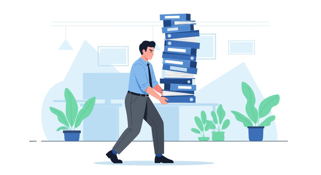 Overwhelmed businessman carrying huge stack of binders in office
