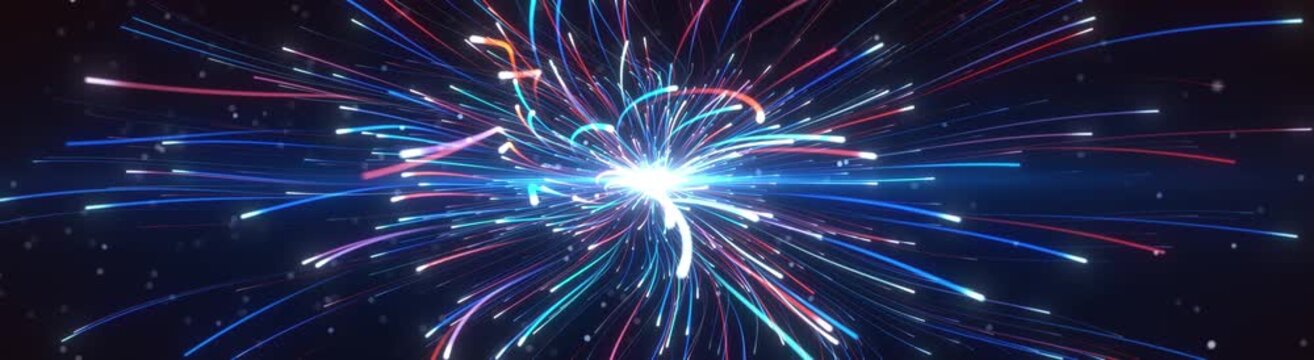 Colorful neon trailing lights rays undulate like waves against the particle background. High-tech data transmission. Line digital transmission. Use for title element, video opening, award ceremony.