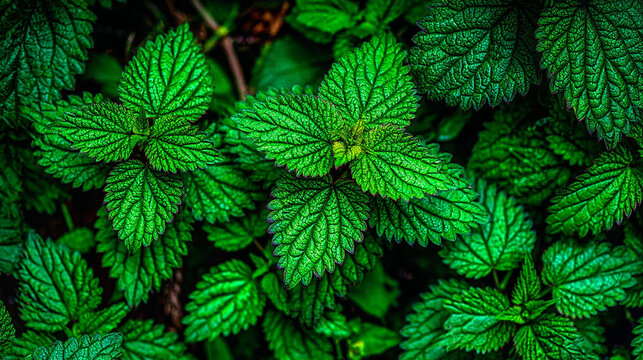 Close-up of green stinging nettle leaves with botanical vegetation ecosystem background