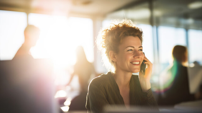 Professional woman smiling, talking on phone in modern open plan office with bright sunlight and coworkers