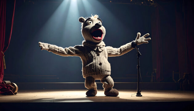 Animated sock puppet character passionately delivering a monologue on a dimly lit stage with spotlight