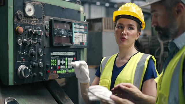 Female operator wearing yellow hard hat and glove raising hand toward control panel near male engineer. Professional team monitor automated machinery inside manufacturing factory