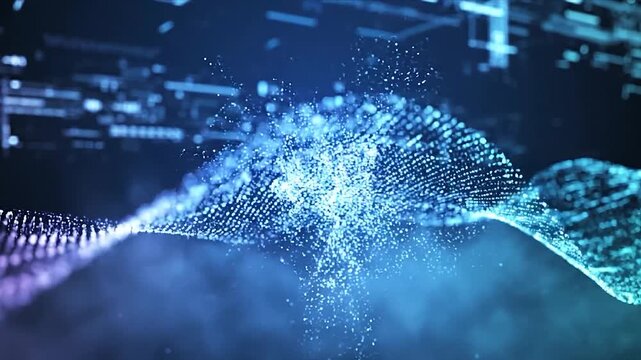 Abstract digital wave of glowing particles transitions through a dark background, creating a mesmerizing flow of light and color in a continuous motion sequence