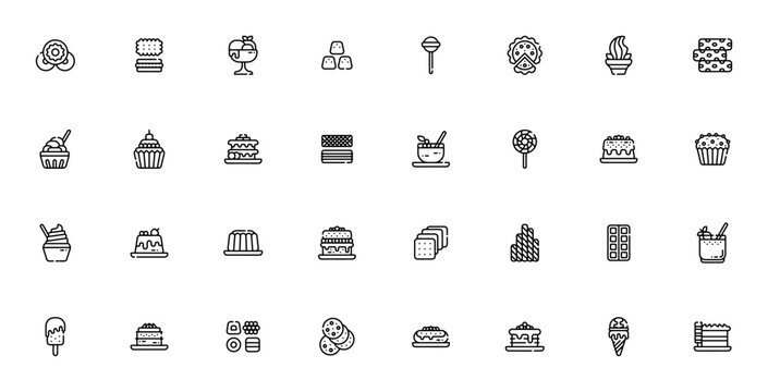 Dessert icon set. Minimalist vector icons pack. Includes symbols for donut, biscuit, sorbet, cupcake, ice cream, mousse, brownie, eclair, pie, lollipop and more. Editable vector stroke.