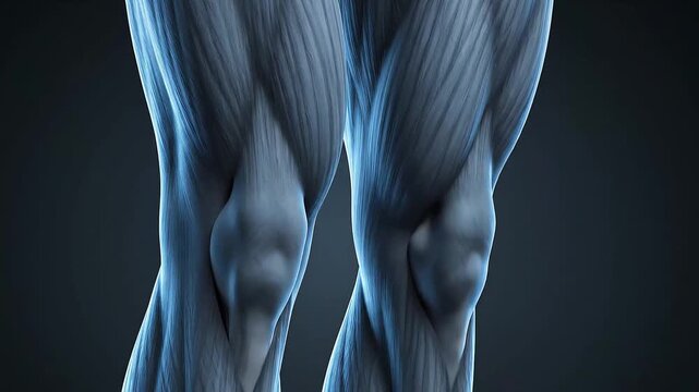 Detailed anatomical illustration of human leg muscles and knee joints in a scientific context.