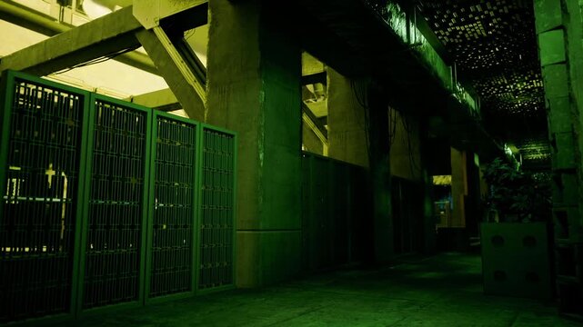 Gated service corridor with locked panels, heavy grills, shadowed alcoves, industrial beams overhead, tense atmosphere for security or thriller scenes, textured
