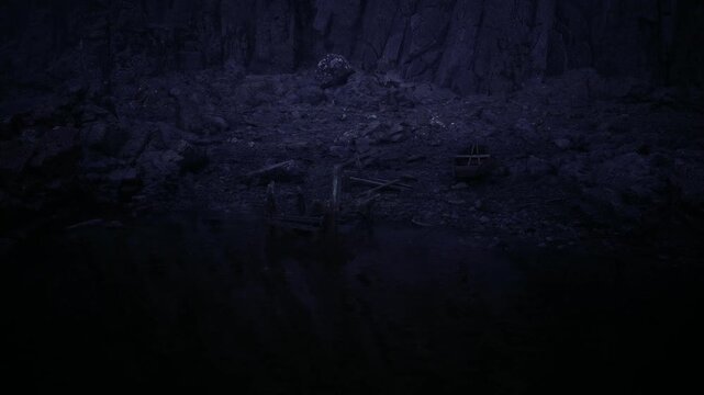 Night shoreline reflection with glassy water and faint moonlit silhouettes, ripples catching deep blue tones, basalt shore receding into darkness, hush