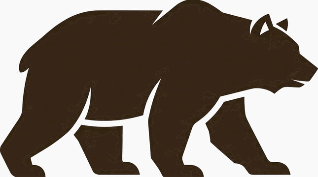 A stylized, dark brown bear silhouette walks purposefully, its powerful form captured in a graphic representation.
